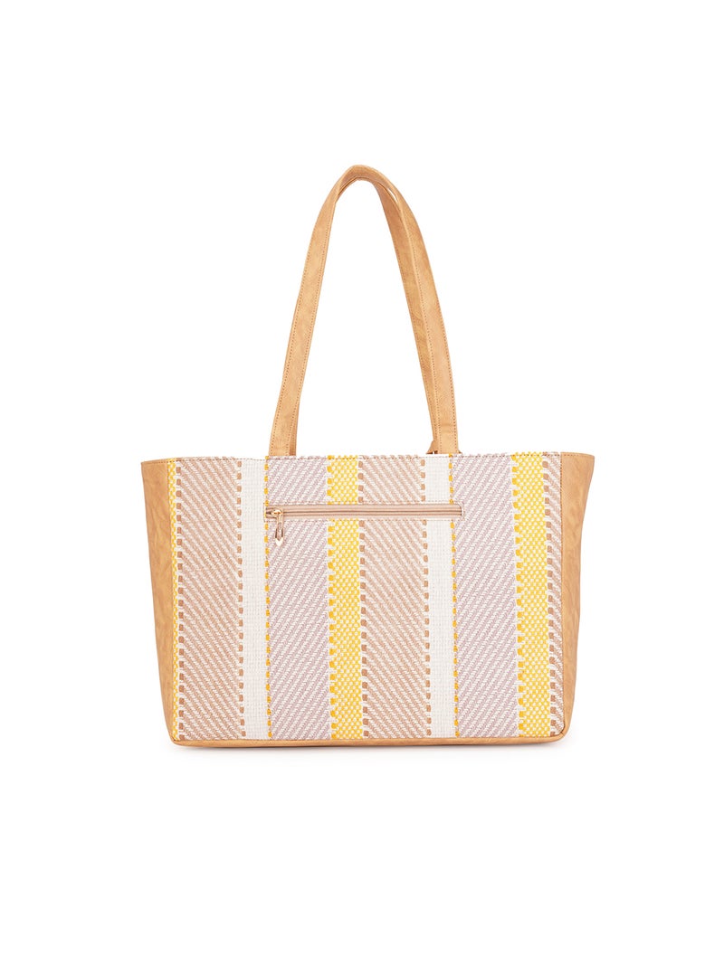Globus Women Mustard Vegan Leather Jute Abstract Print Double Handle Tote Bag With Pouch - Image 2